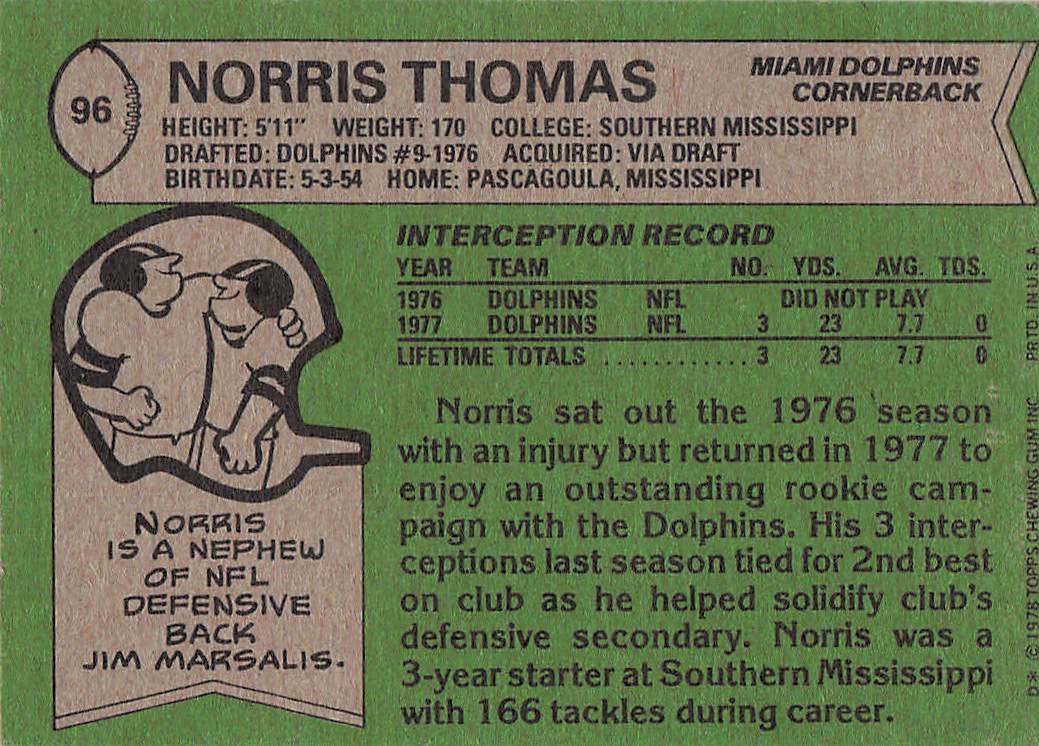 1978 Topps Football Norris Thomas #96 Rookie
