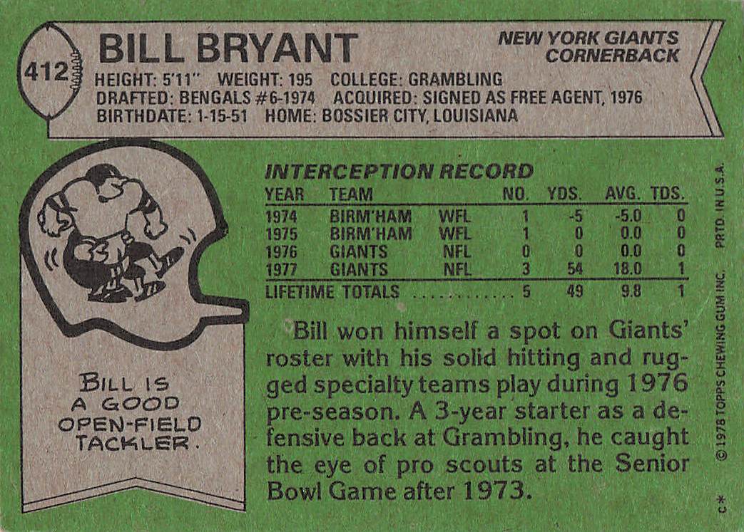 1978 Topps Football Bill Bryant #412 Rookie