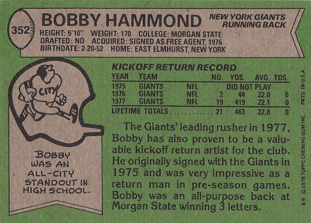 1978 Topps Football Bobby Hammond #352 Rookie