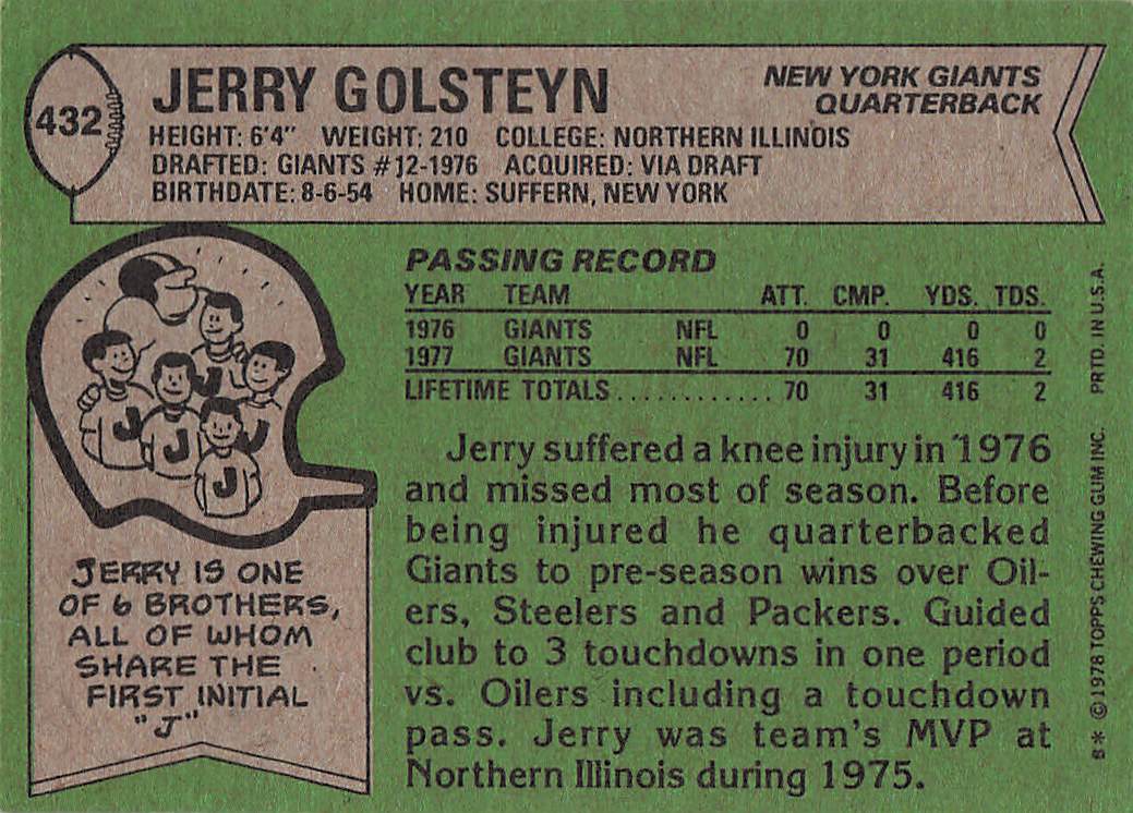 1978 Topps Football Jerry Golsteyn #432 Rookie