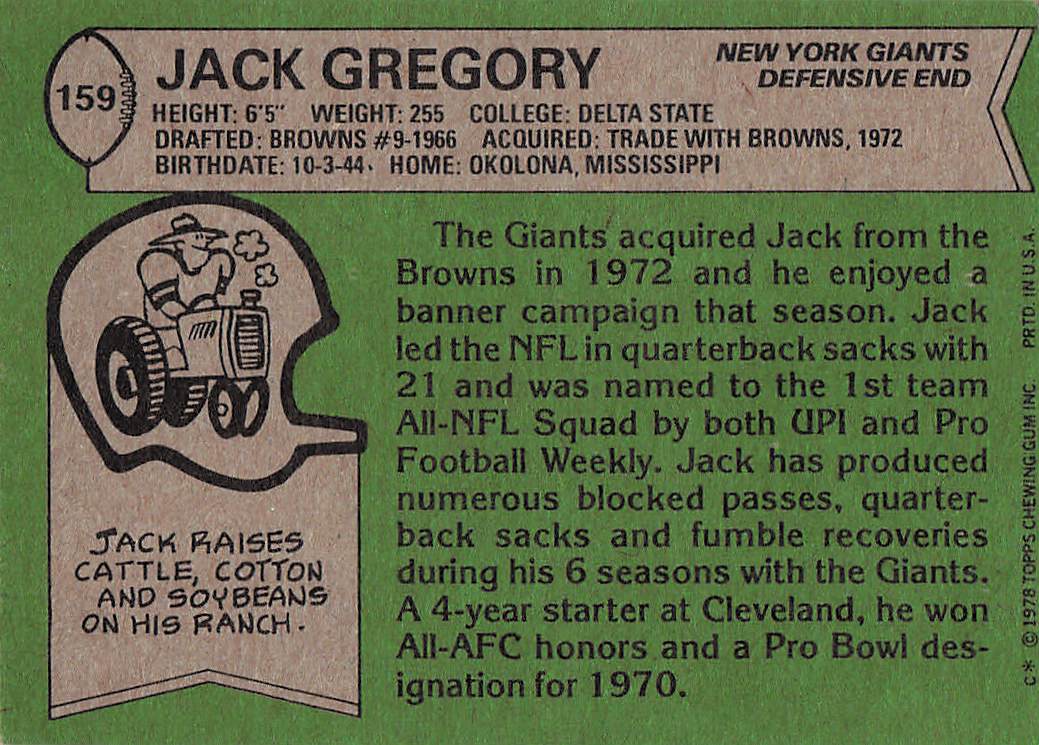 1978 Topps Football Jack Gregory #159