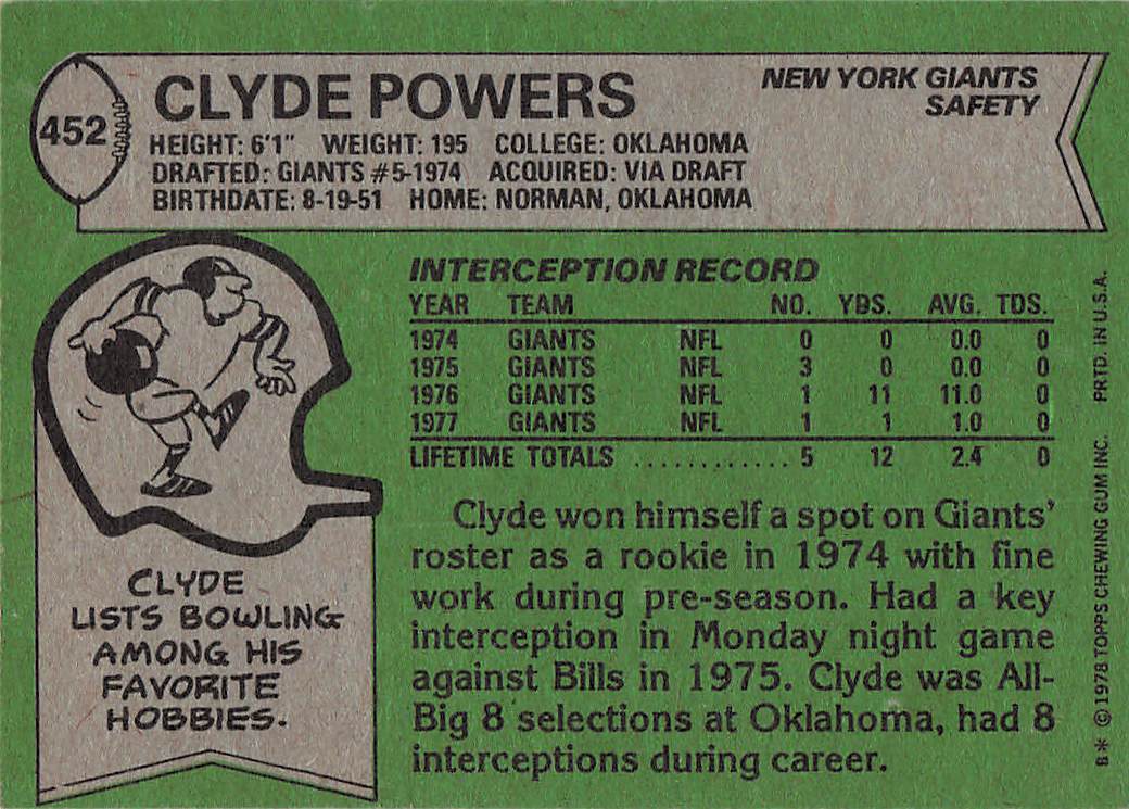 1978 Topps Football Clyde Powers #452