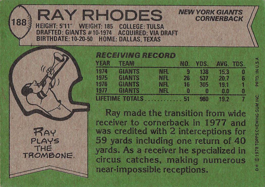 1978 Topps Football Ray Rhodes #188