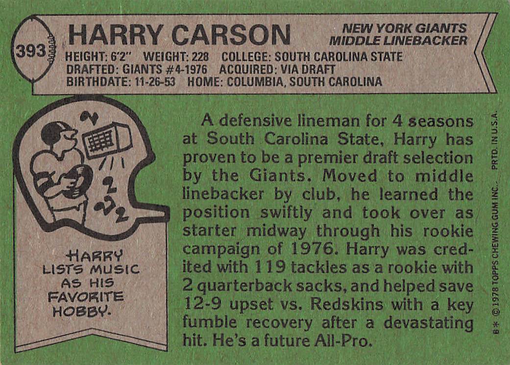 1978 Topps Football Harry Carson #393