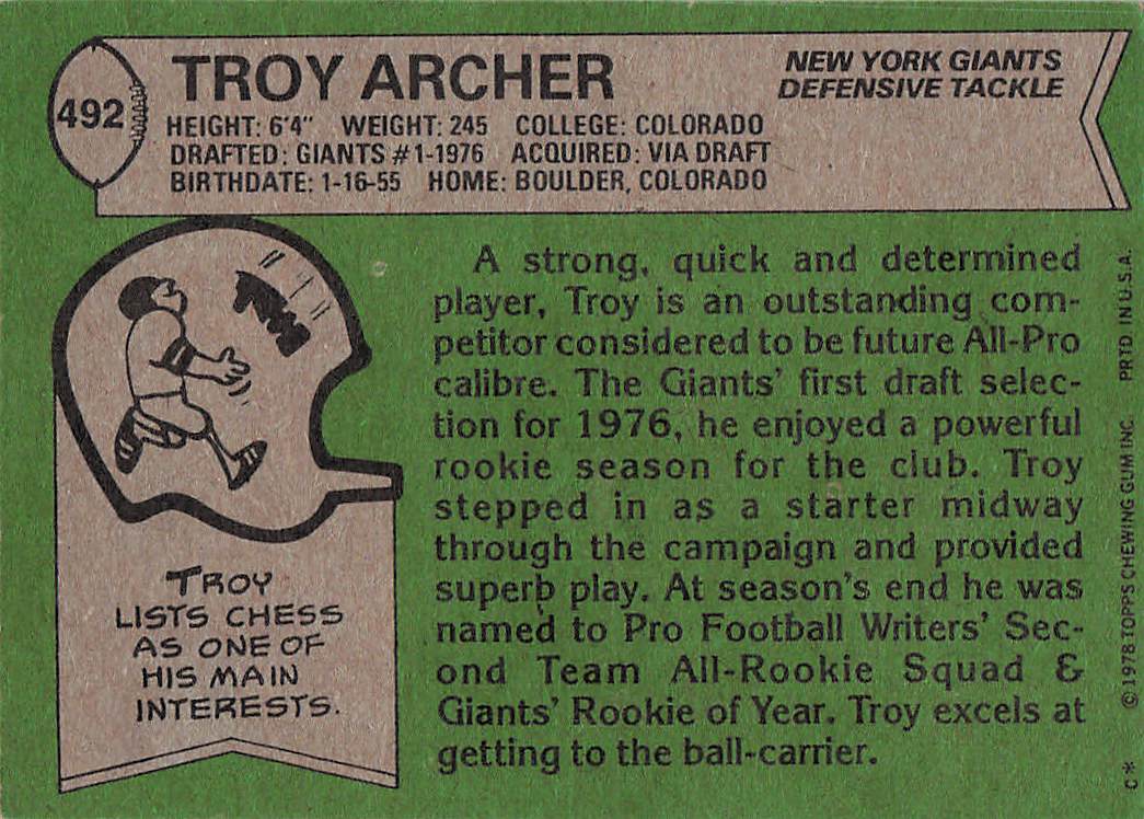 1978 Topps Football Troy Archer #492