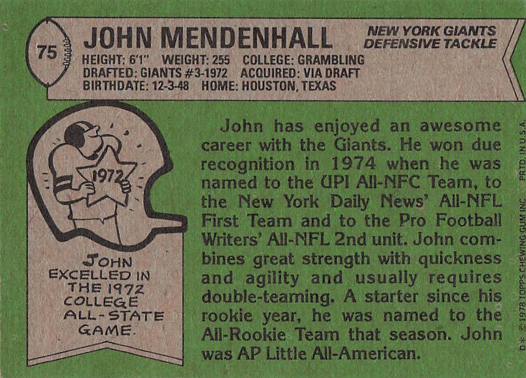 1978 Topps Football John Mendenhall #75