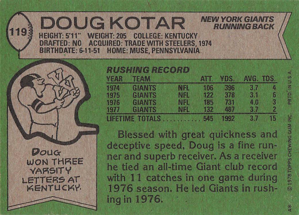 1978 Topps Football Doug Kotar #119