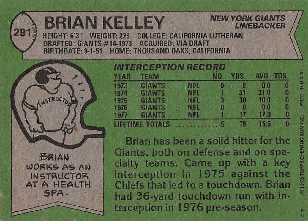 1978 Topps Football Brian Kelley #291