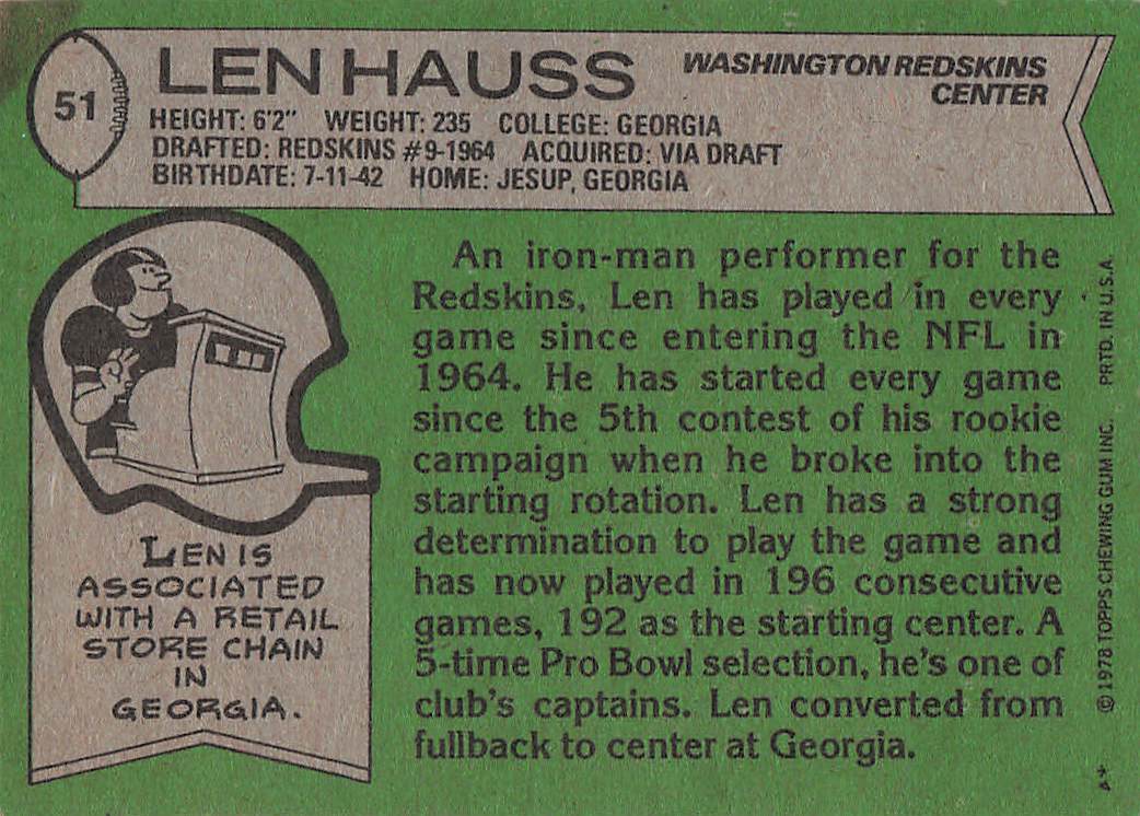 1978 Topps Football Len Hauss #51