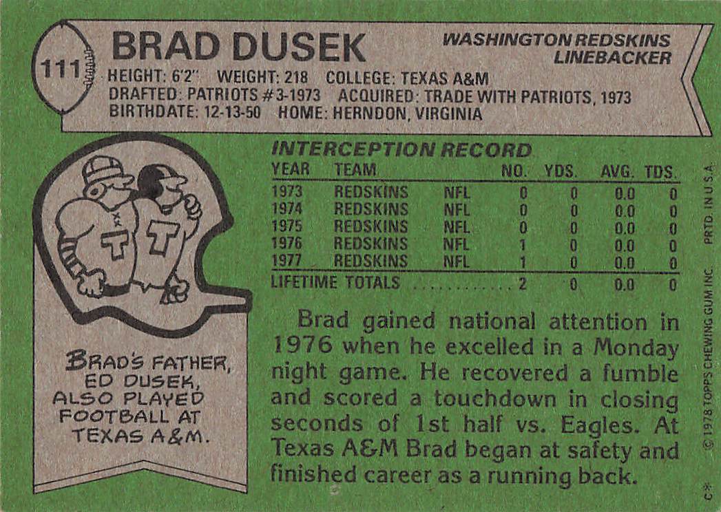 1978 Topps Football Brad Dusek #111