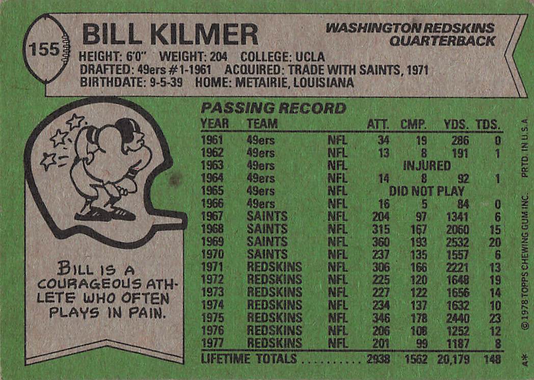 1978 Topps Football Bill Kilmer #155