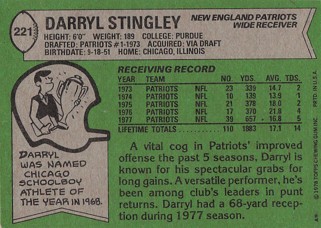 1978 Topps Football Darryl Stingley #221