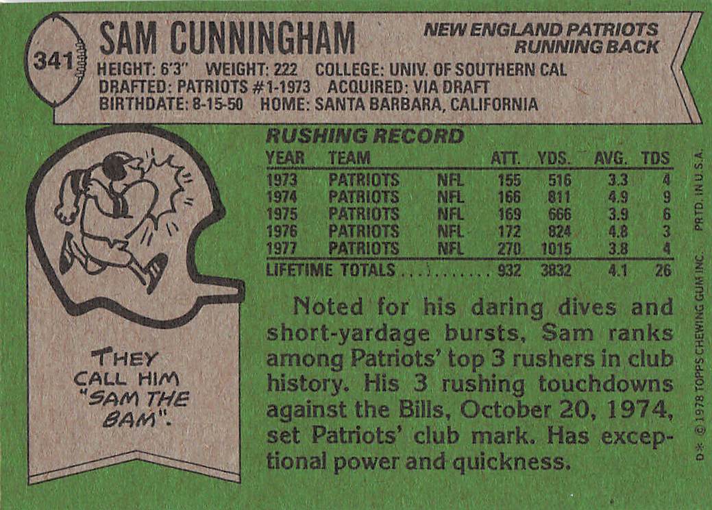 1978 Topps Football Sam Cunningham #341