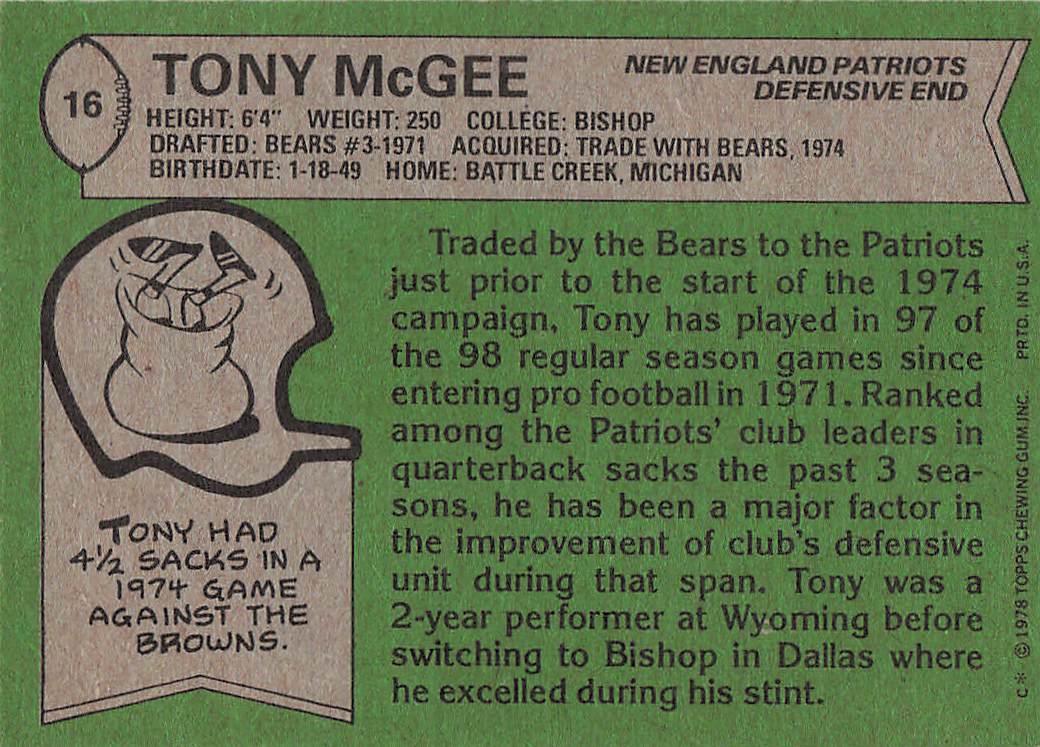 1978 Topps Football Tony McGee #16