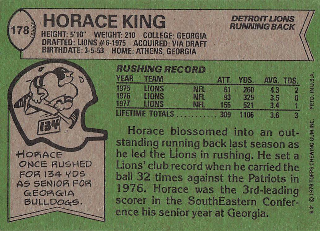 1978 Topps Football Horace King #178 Rookie