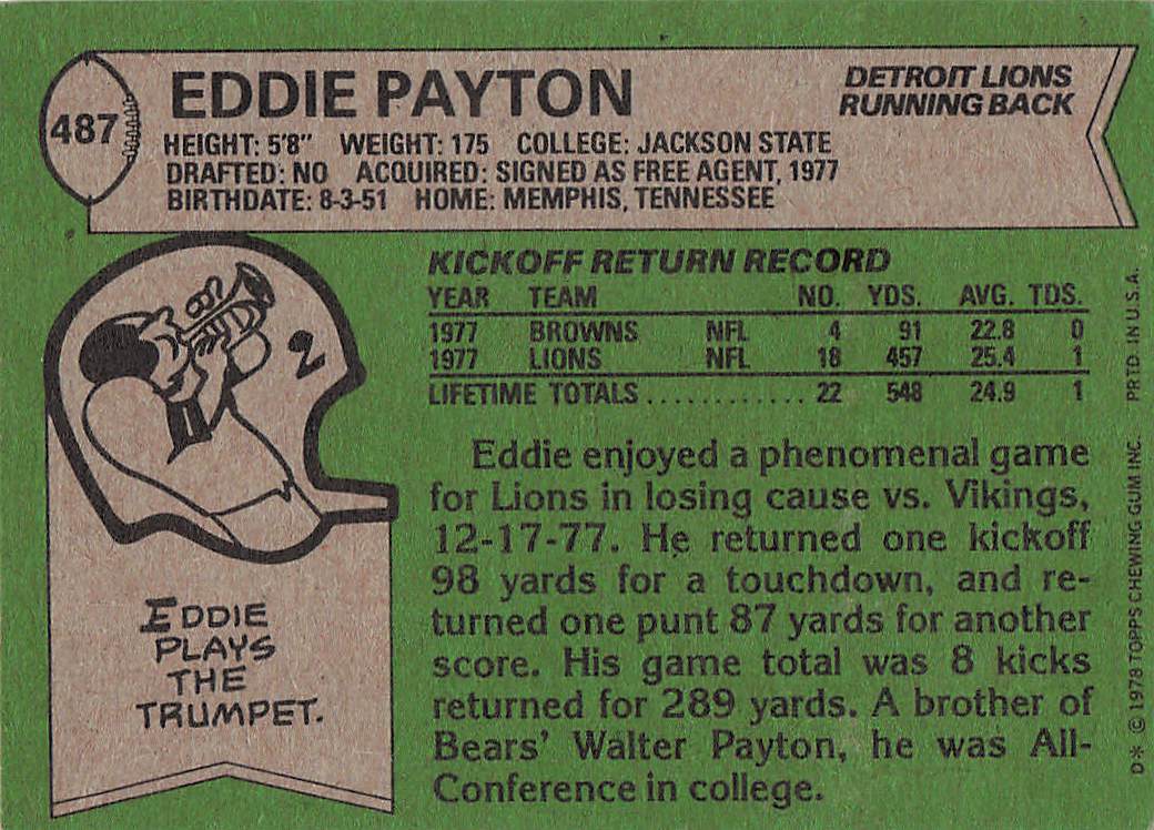 1978 Topps Football Eddie Payton #487 Rookie