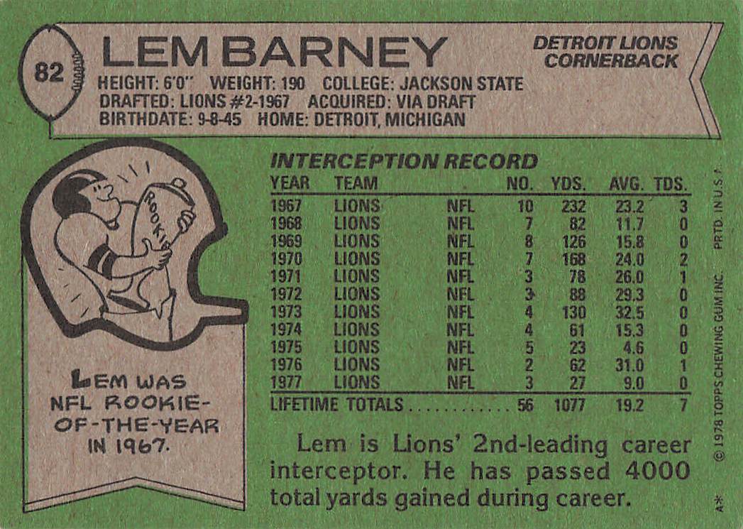 1978 Topps Football Lem Barney #82