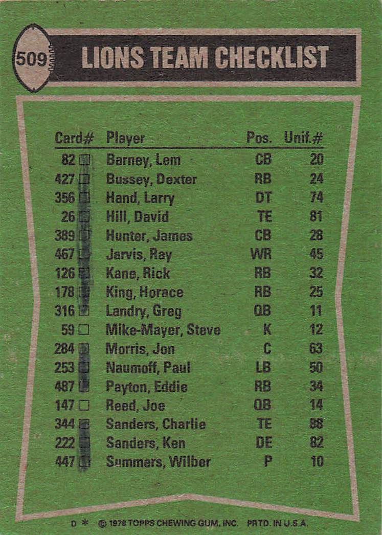 1978 Topps Football King / Hill / Hunter / Sanders #509