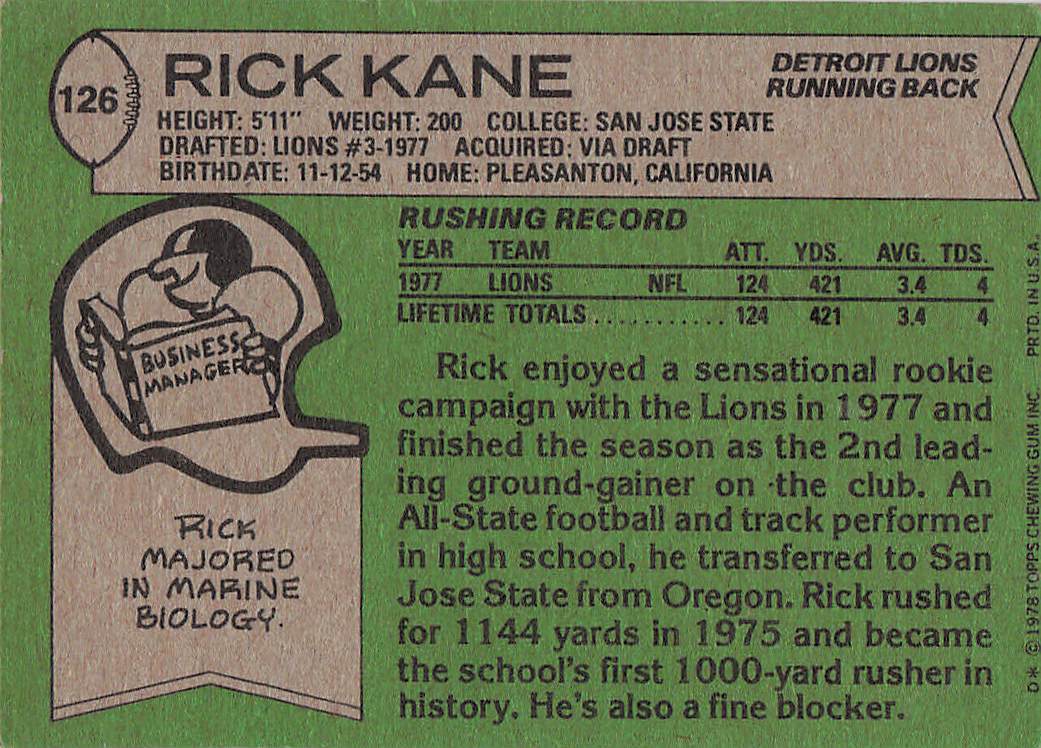 1978 Topps Football Rick Kane #126 Rookie