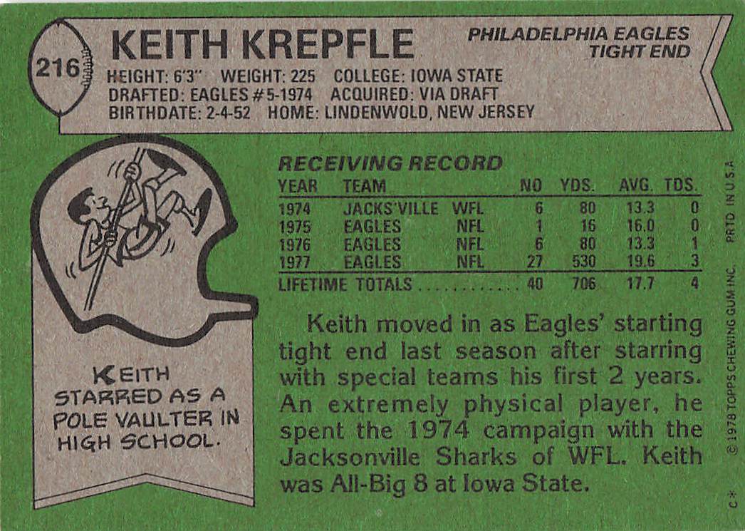 1978 Topps Football Keith Krepfle #216 Rookie
