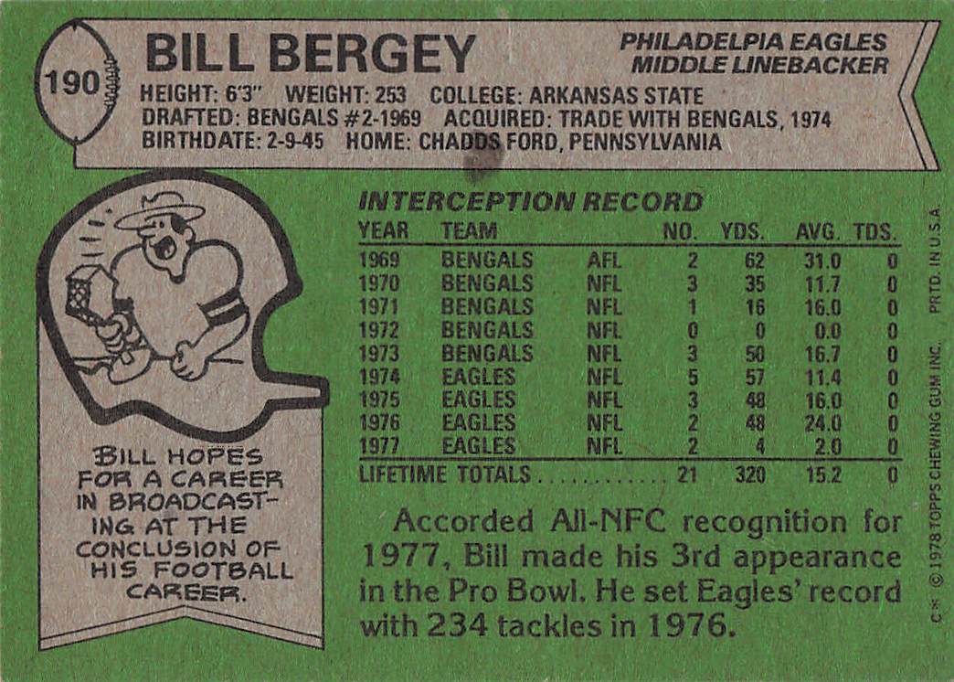 1978 Topps Football Bill Bergey #190