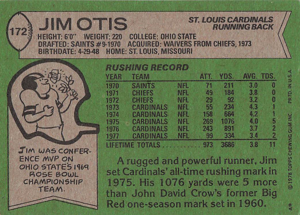 1978 Topps Football Jim Otis #172