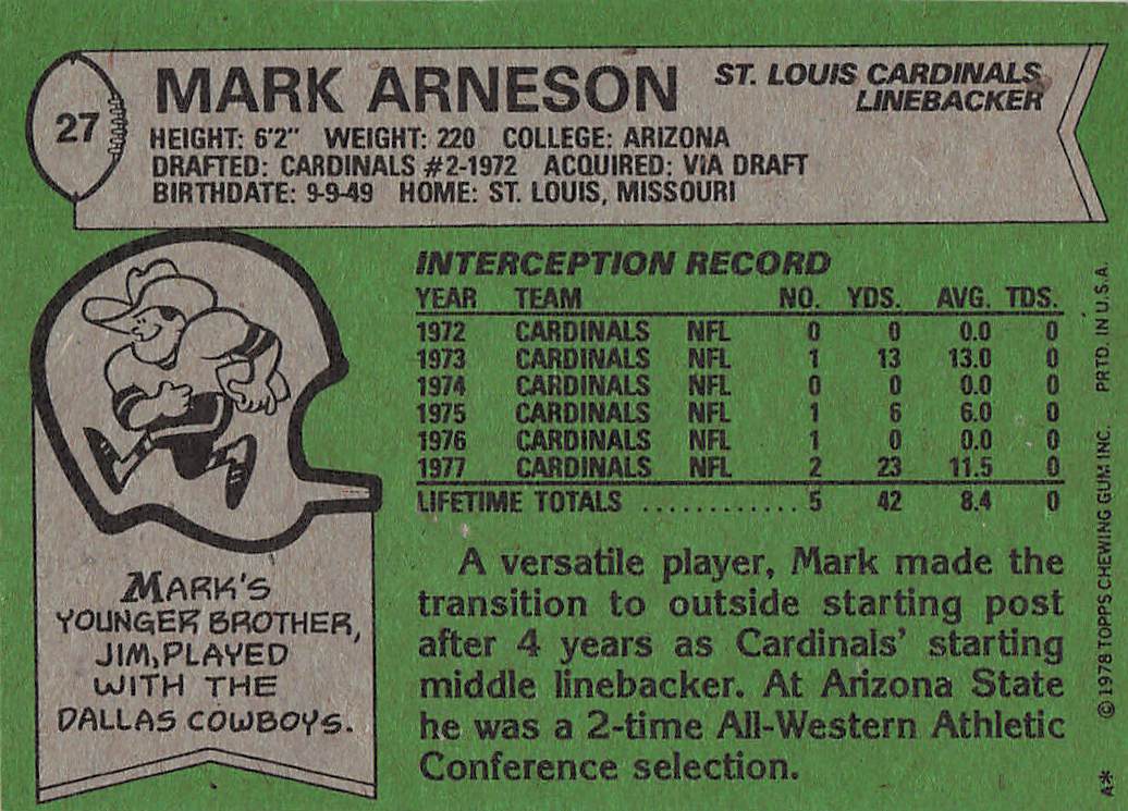 1978 Topps Football Mark Arneson #27