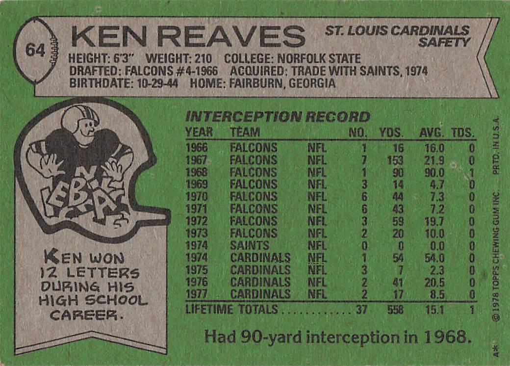 1978 Topps Football Ken Reaves #64