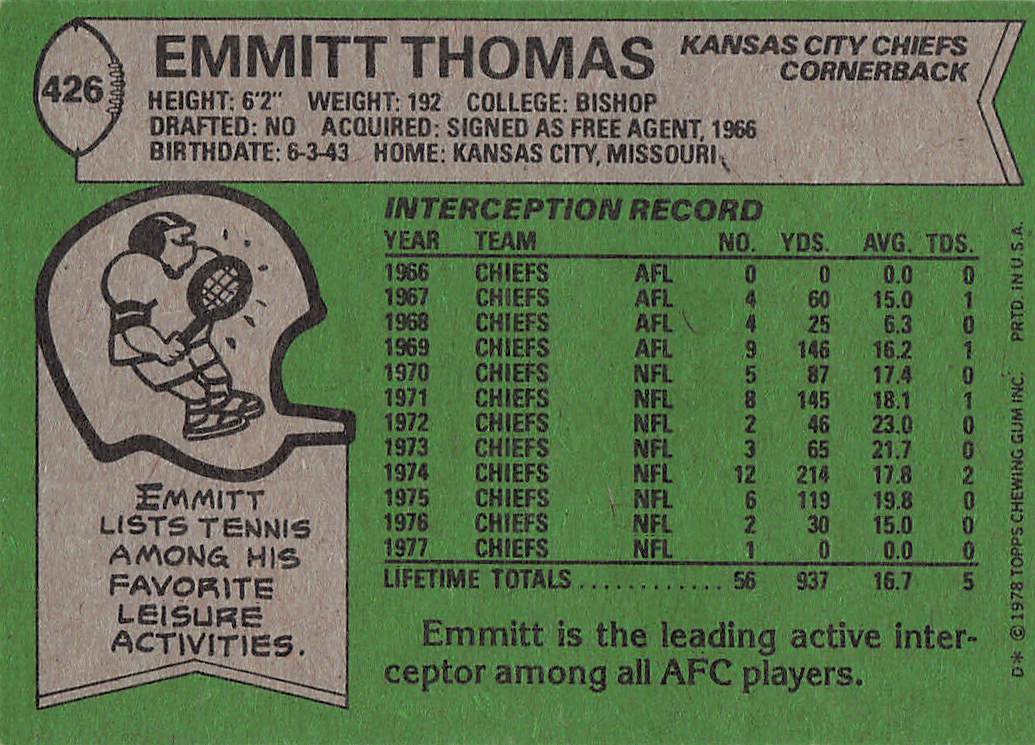 1978 Topps Football Emmitt Thomas #426