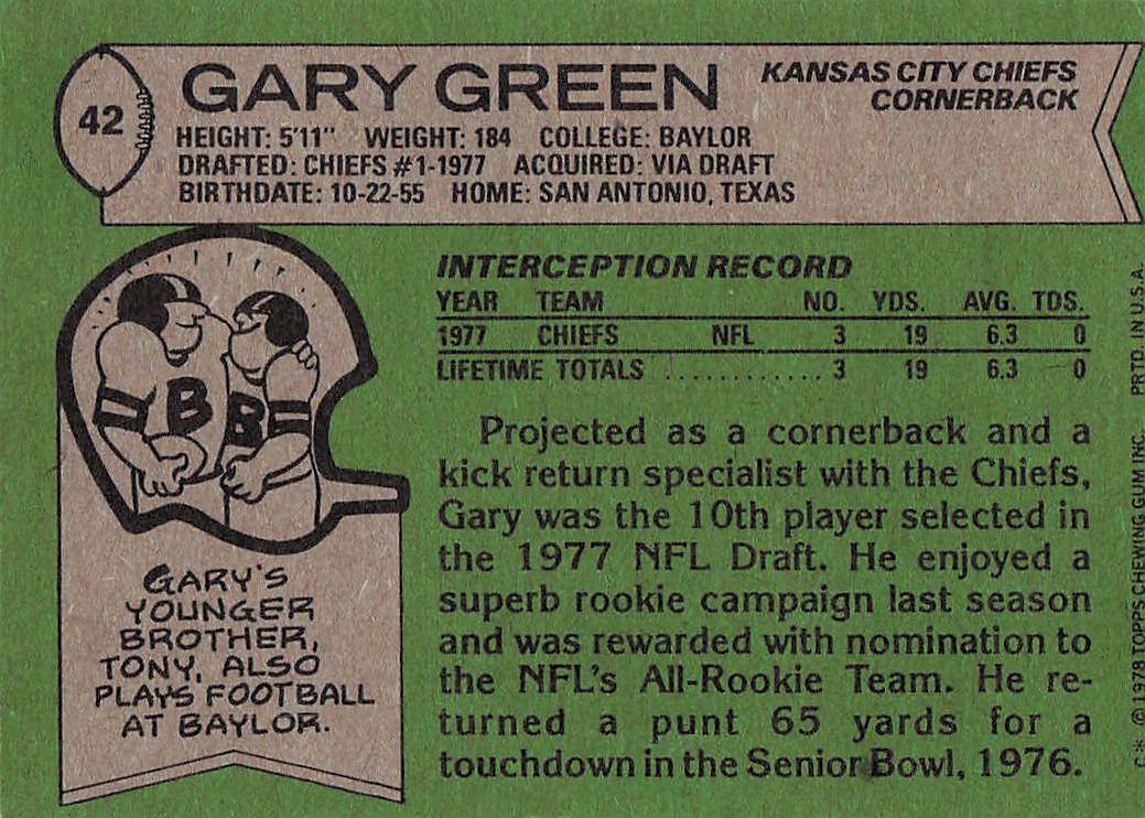 1978 Topps Football Gary Green #42 Rookie