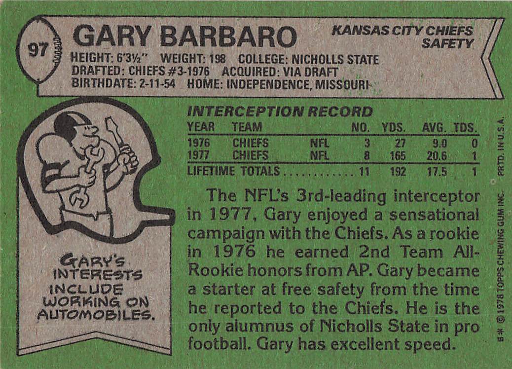 1978 Topps Football Gary Barbaro #97 Rookie
