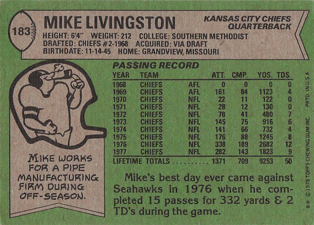 1978 Topps Football Mike Livingston #183