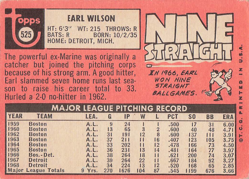 1969 Topps Baseball Earl Wilson #525