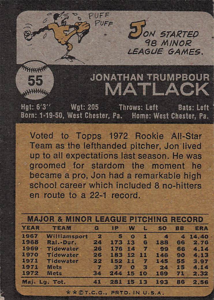1973 Topps Baseball Jon Matlack #55