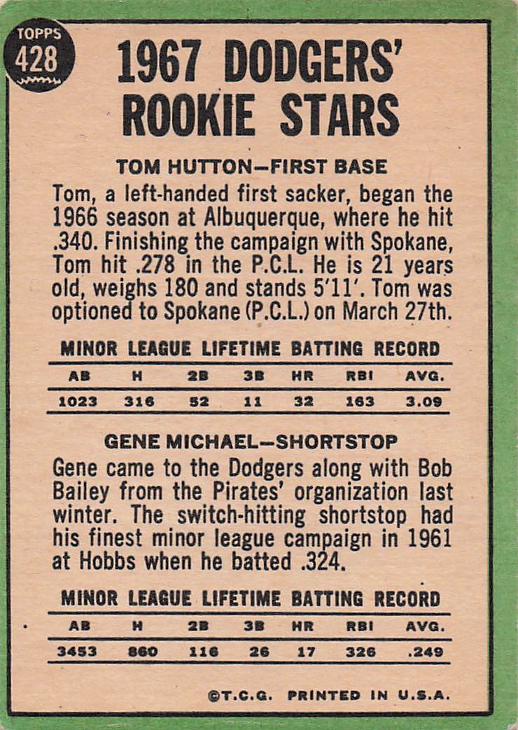 1967 Topps Baseball Dodgers 1967 Rookie Stars Tom Hutton / Gene Michael #428