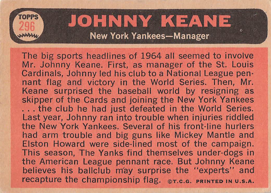 1966 Topps Baseball Johnny Keane #296
