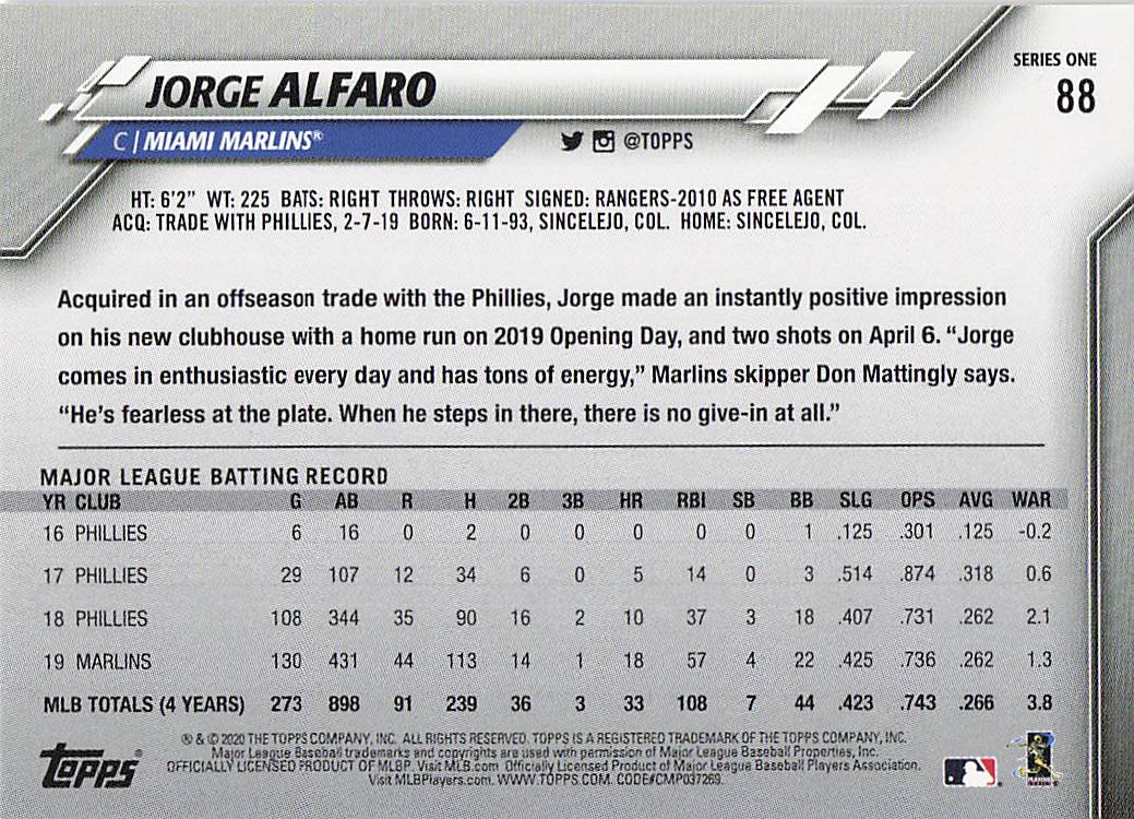 2020 Topps Baseball 582 Montgomery Jorge Alfaro #88