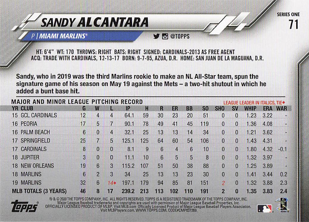 2020 Topps Baseball Sandy Alcantara #71