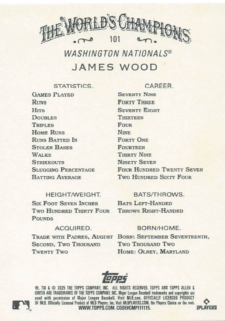 2025 Topps Allen & Ginter Baseball James Wood #101 Rookie