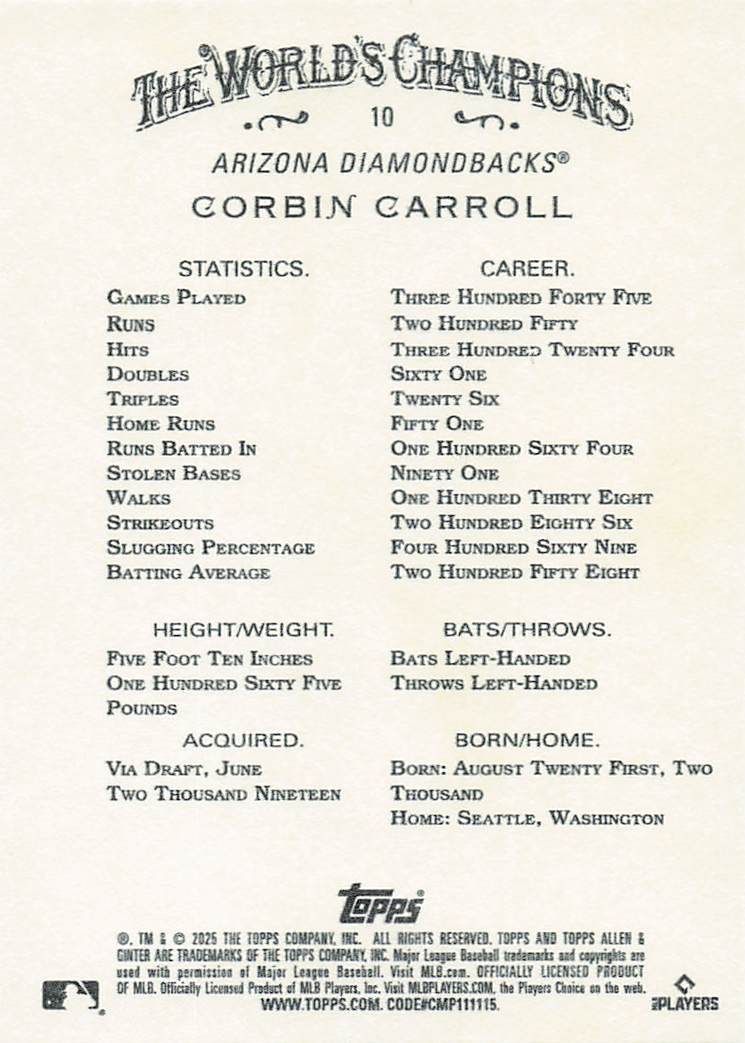 2025 Topps Allen & Ginter Baseball Corbin Carroll #10