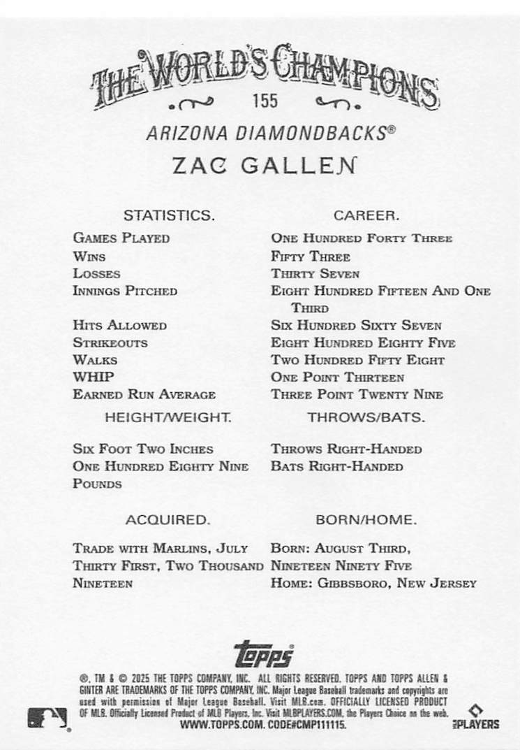 2025 Topps Allen & Ginter Baseball Zac Gallen #155