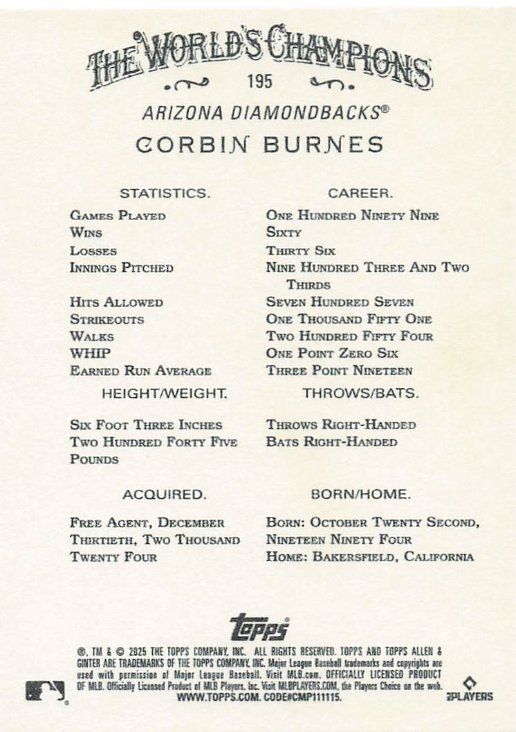 2025 Topps Allen & Ginter Baseball Corbin Burnes #195