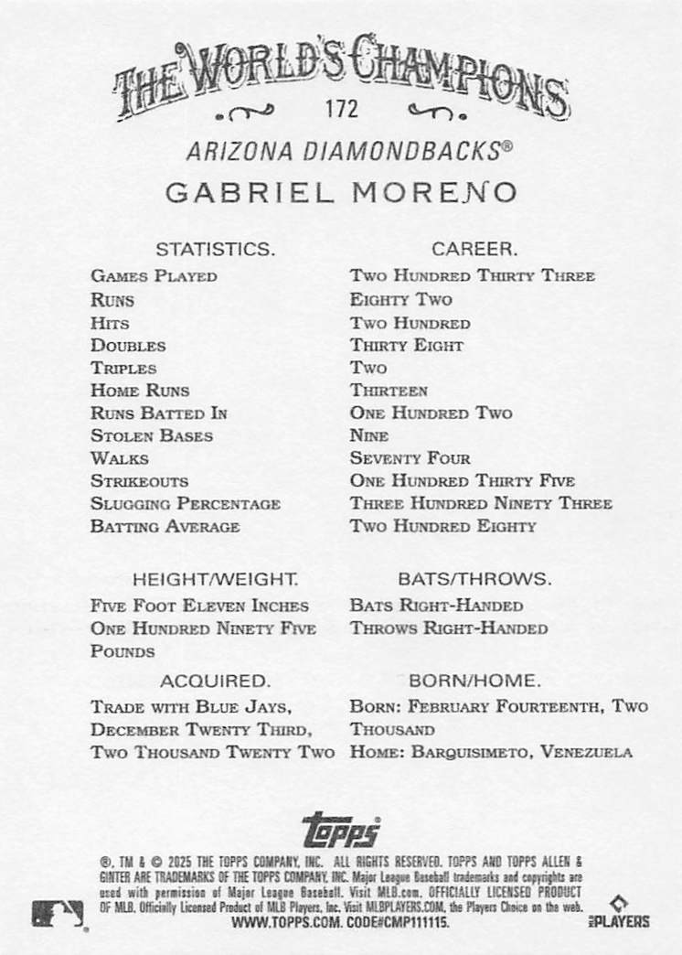 2025 Topps Allen & Ginter Baseball Gabriel Moreno #172