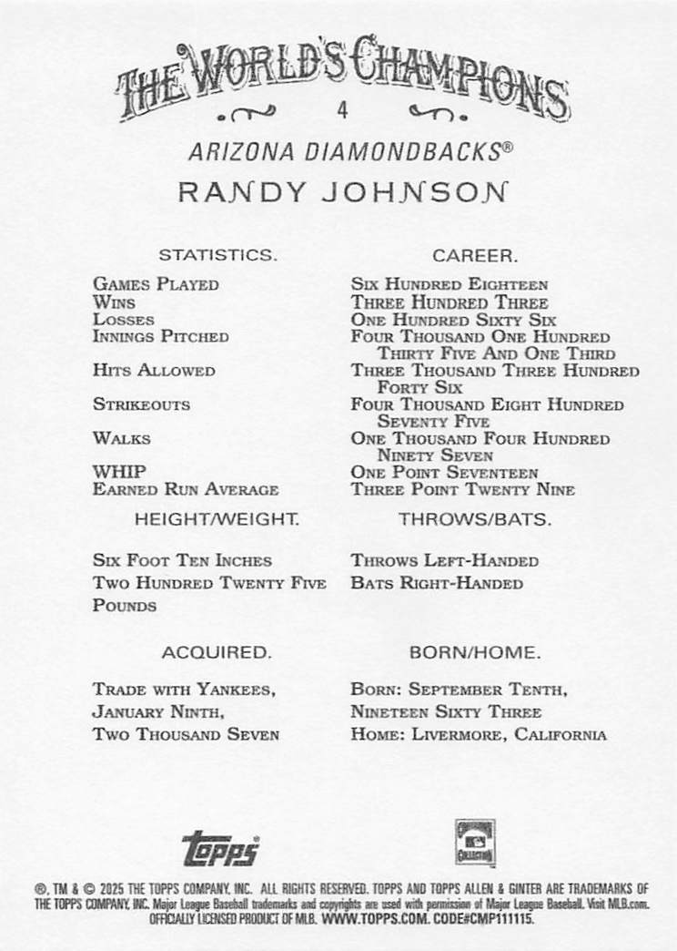 2025 Topps Allen & Ginter Baseball Randy Johnson #4