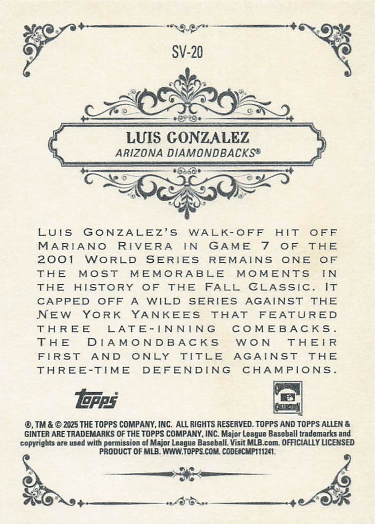 2025 Topps Allen & Ginter Baseball Sweet Victory Luis Gonzalez #SV-20