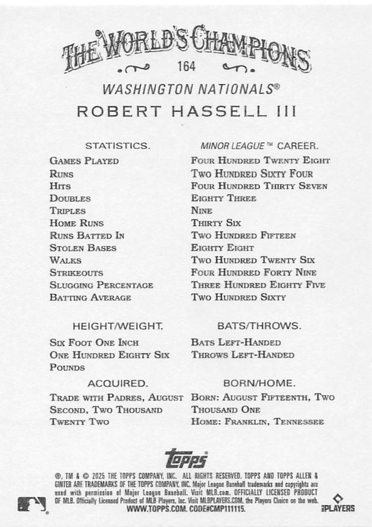 2025 Topps Allen & Ginter Baseball Robert Hassell III #164 Rookie