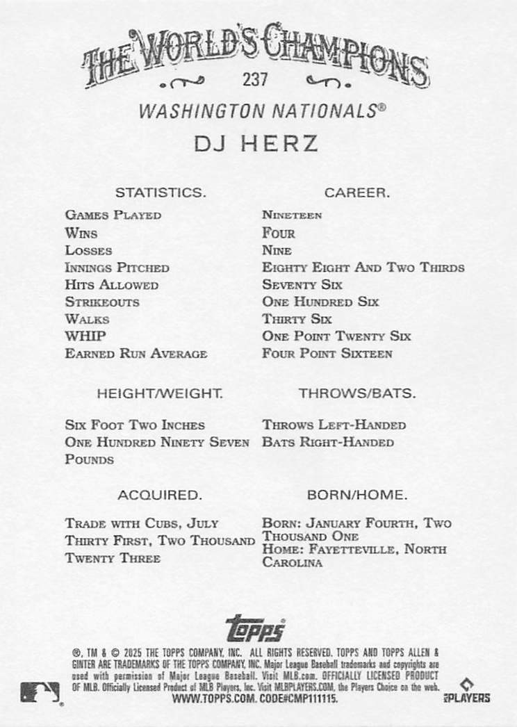 2025 Topps Allen & Ginter Baseball DJ Herz #237 Rookie