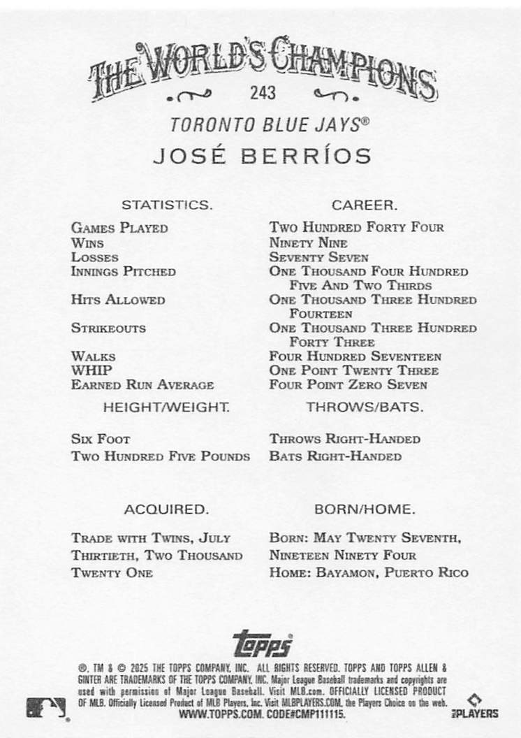 2025 Topps Allen & Ginter Baseball José Berríos #243