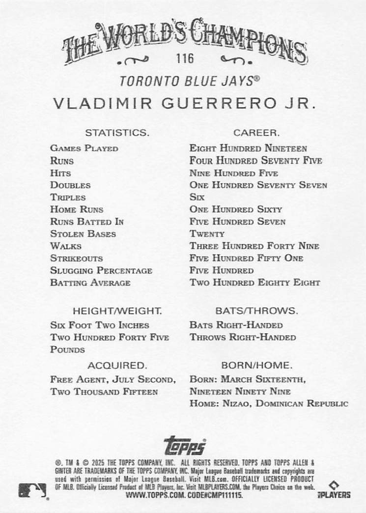 2025 Topps Allen & Ginter Baseball Vladimir Guerrero Jr. #116