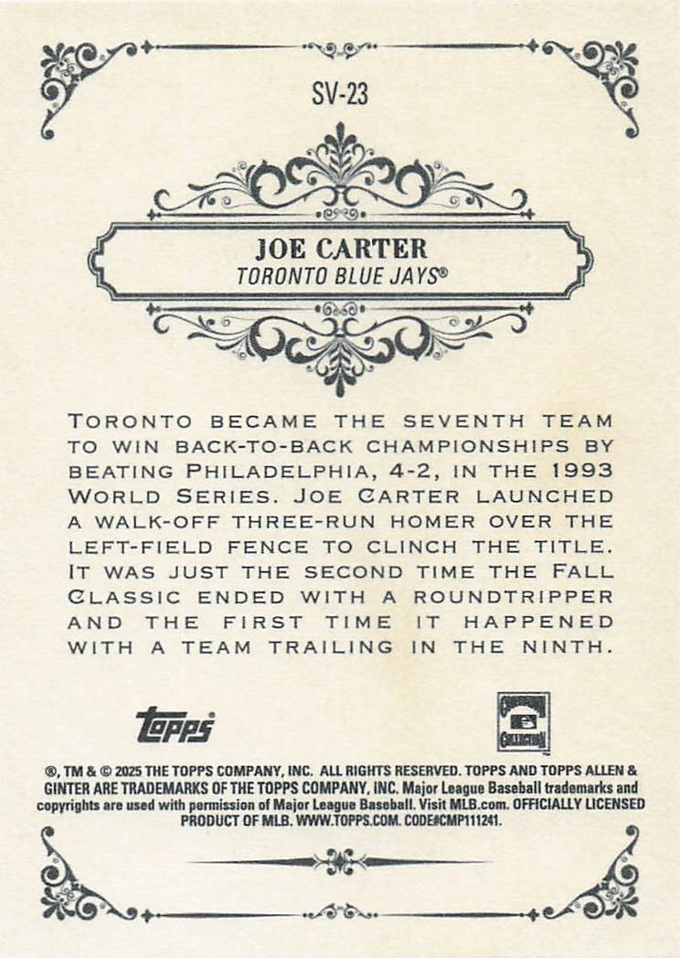 2025 Topps Allen & Ginter Baseball Sweet Victory Joe Carter #SV-23